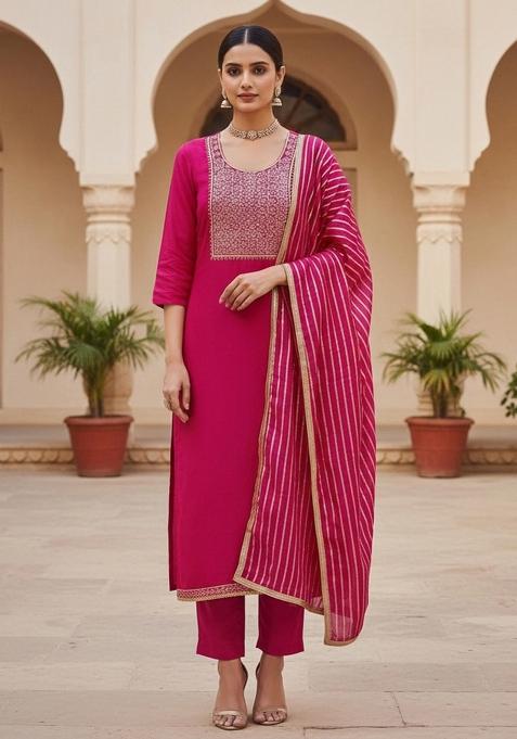 Pink Embroidered Chanderi Dress Material