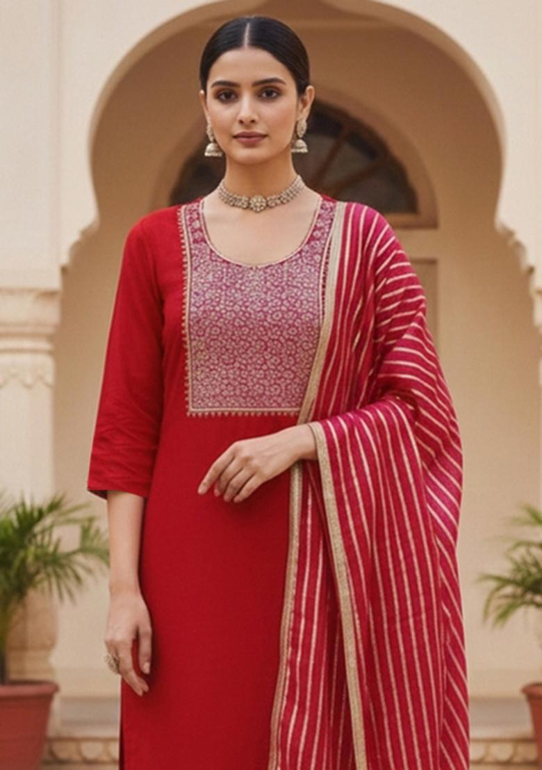 Red Embroidered Chanderi Dress Material - Indya