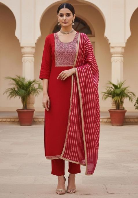 Red Embroidered Chanderi Dress Material