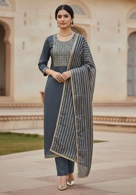 Grey Embroidered Chanderi Dress Material