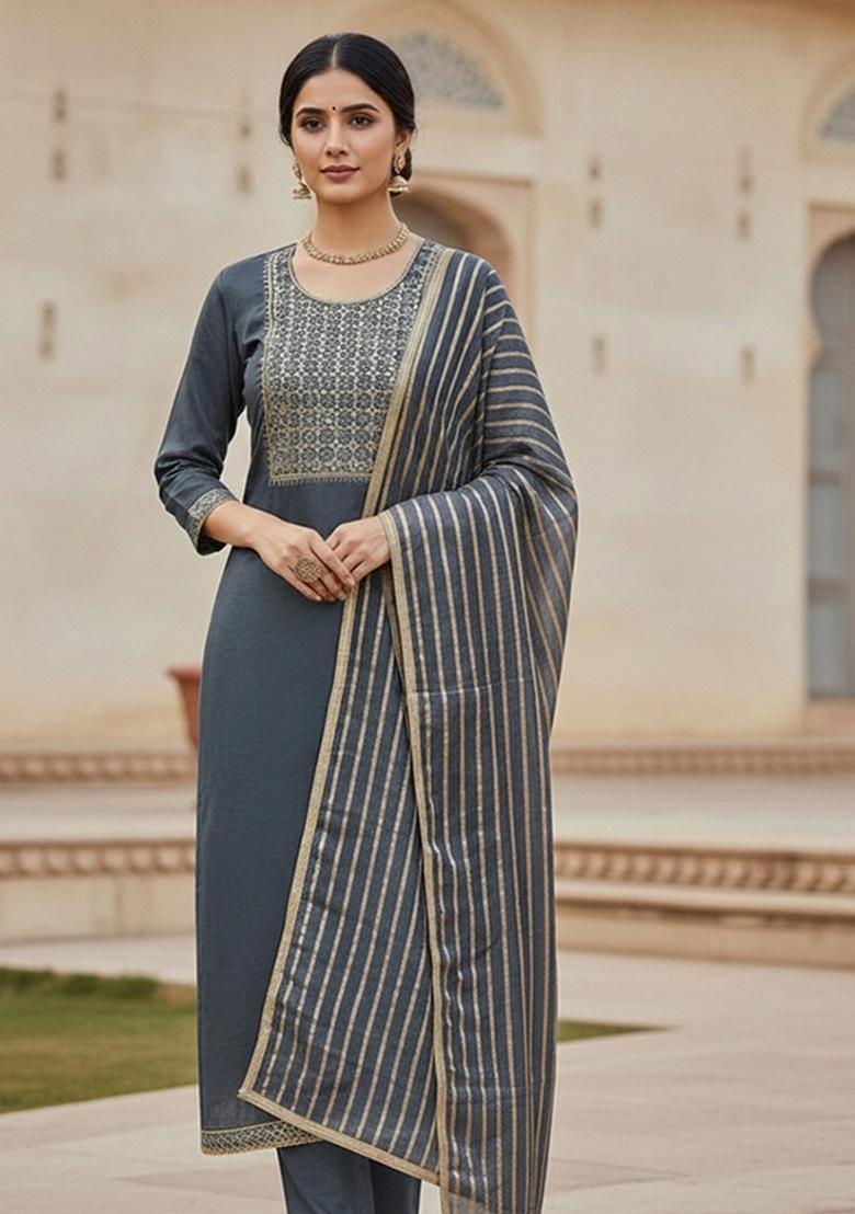 Grey Embroidered Chanderi Dress Material - Indya