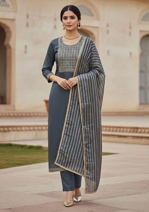 Grey Embroidered Chanderi Dress Material