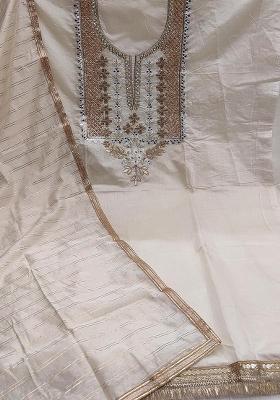 Beige Embroidered Chanderi Dress Material