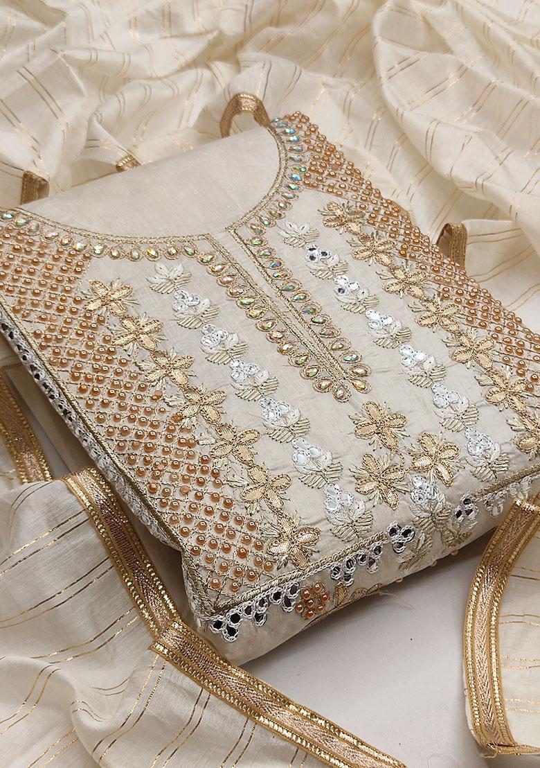 Beige Embroidered Chanderi Dress Material