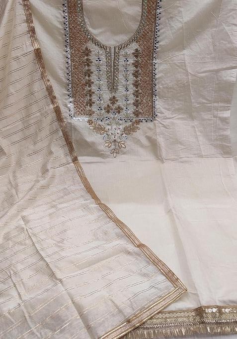 Beige Embroidered Chanderi Dress Material
