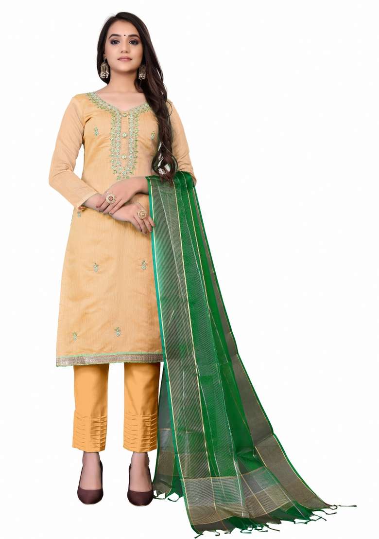 Peach Embroidered Chanderi Straight Kurta Set - Indya