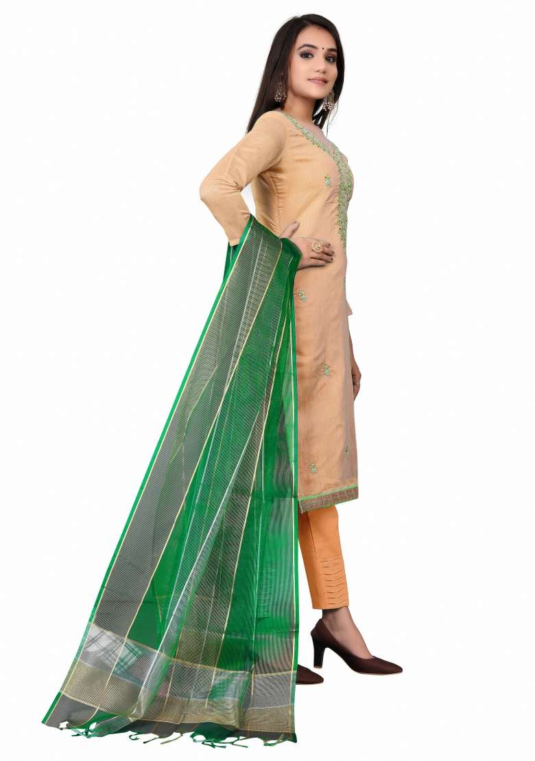 Peach Embroidered Chanderi Straight Kurta Set - Indya