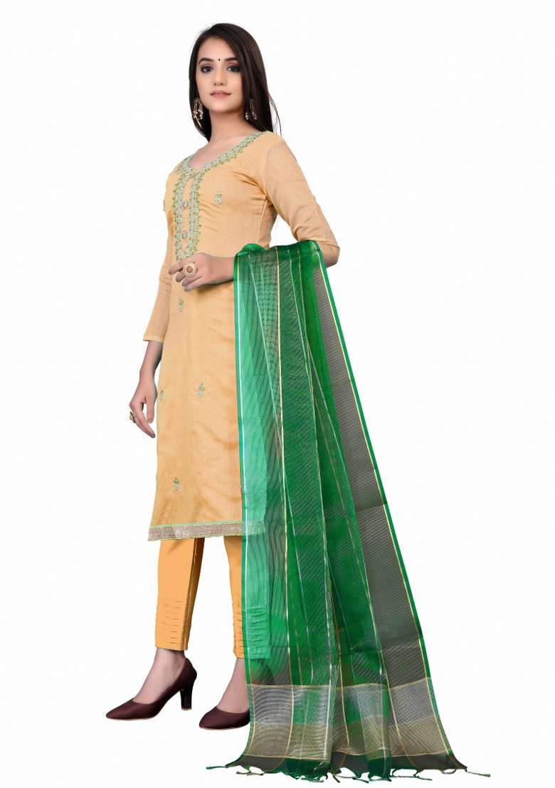 Peach Embroidered Chanderi Straight Kurta Set - Indya