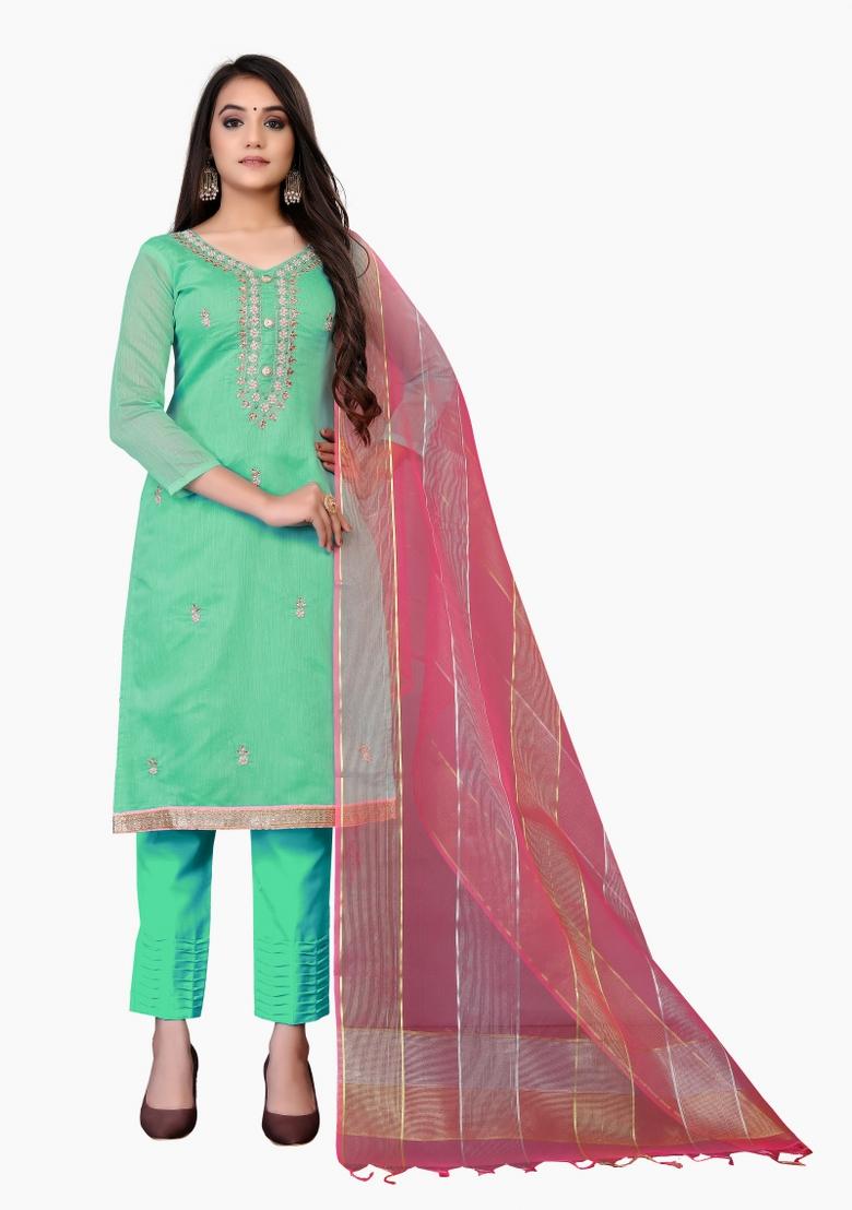 Sea Green Embroidered Chanderi Dress Material