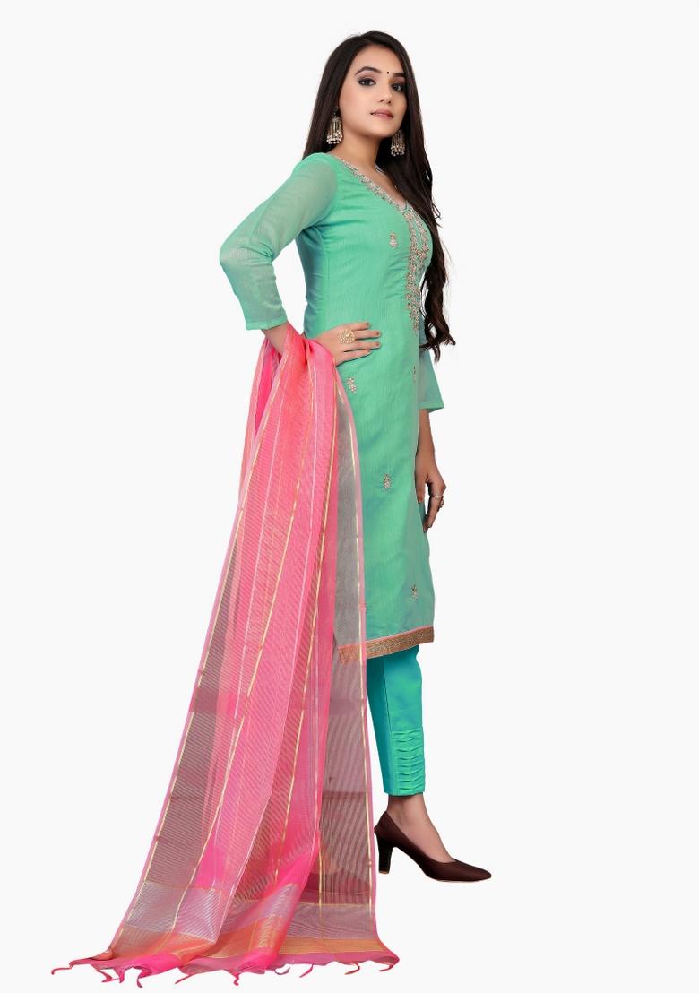 Sea Green Embroidered Chanderi Dress Material