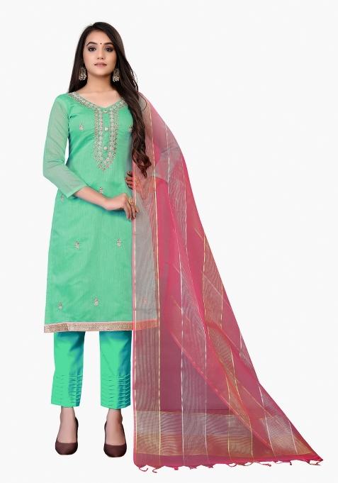 Sea Green Embroidered Chanderi Dress Material