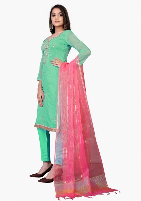 Sea Green Embroidered Chanderi Dress Material