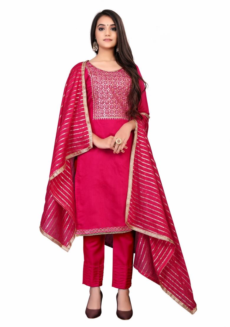Pink Embroidered Chanderi Dress Material