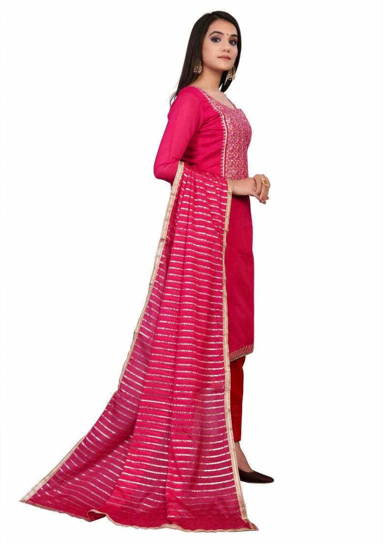 Pink Embroidered Chanderi Dress Material