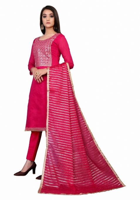 Pink Embroidered Chanderi Dress Material