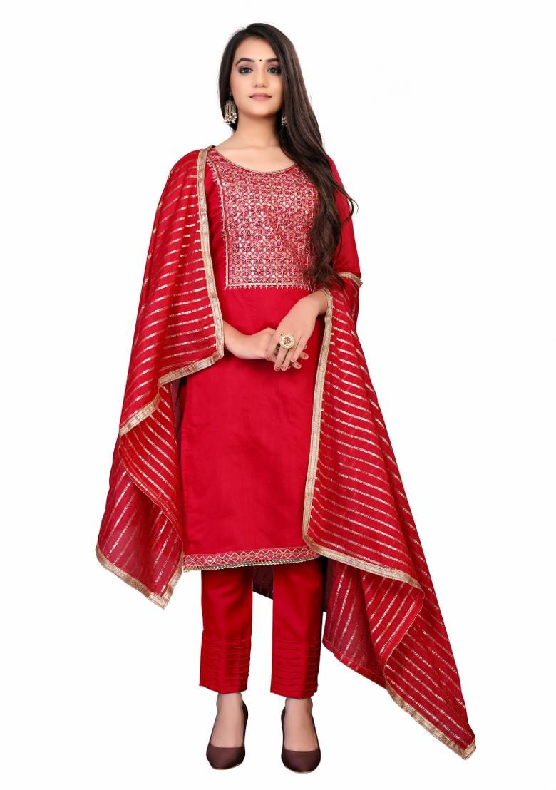 Red Embroidered Chanderi Dress Material