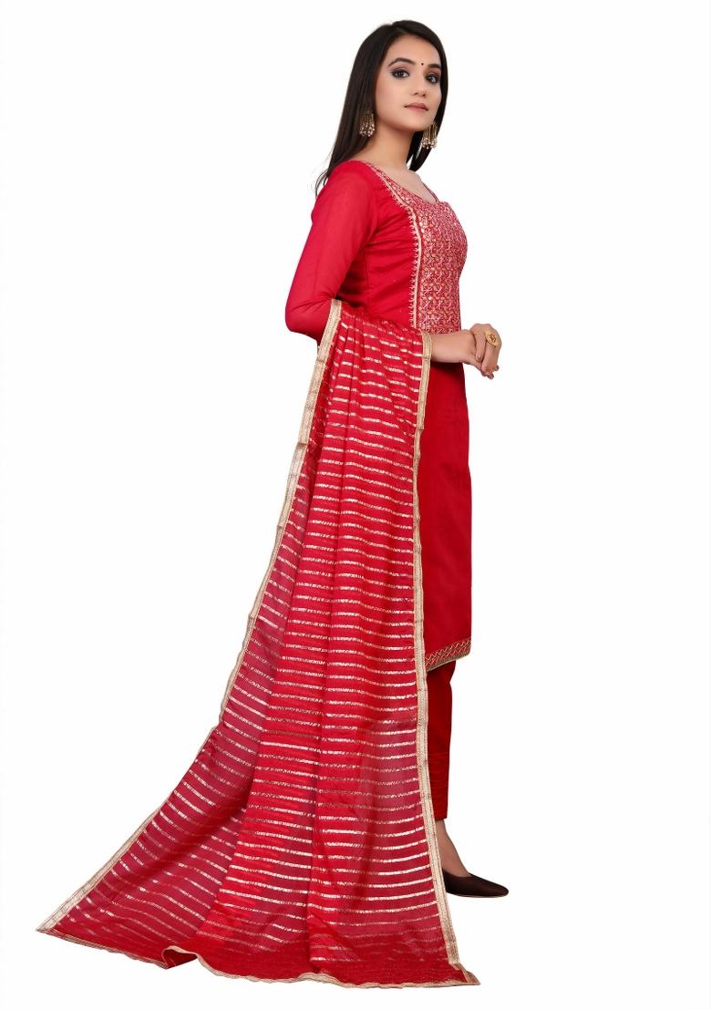 Red Embroidered Chanderi Dress Material