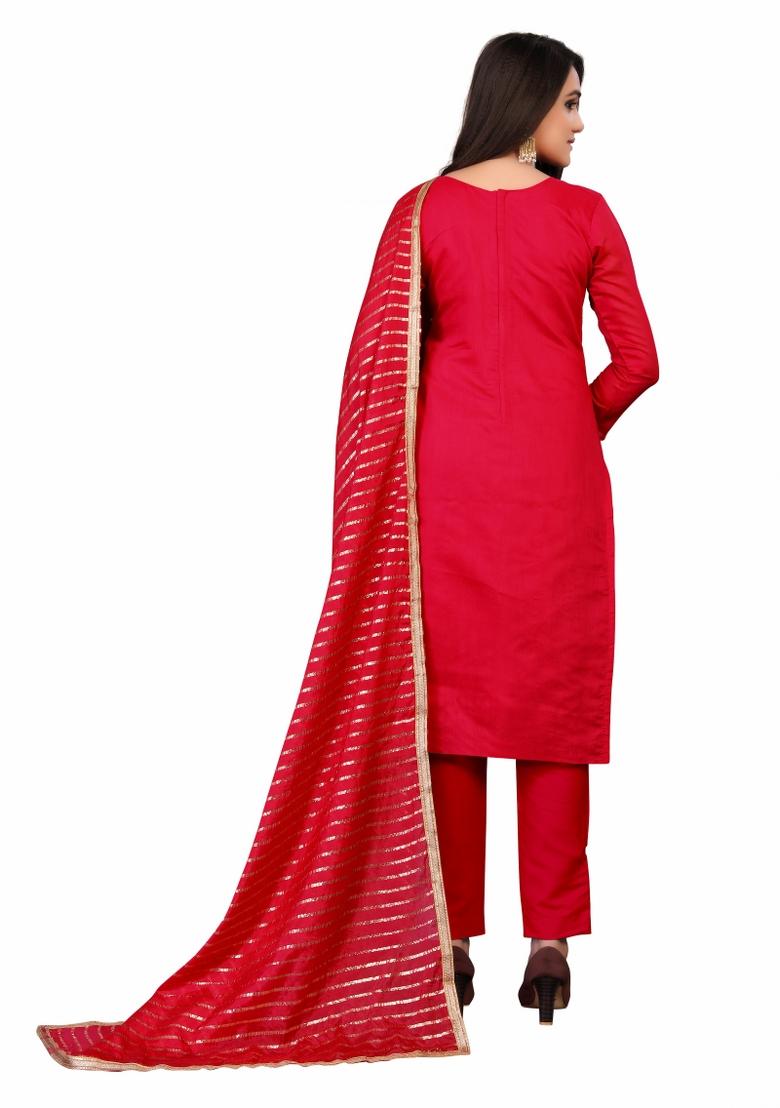 Red Embroidered Chanderi Dress Material