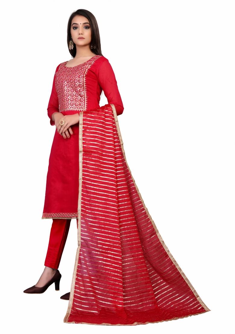 Red Embroidered Chanderi Dress Material