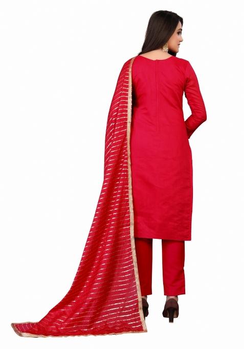 Red Embroidered Chanderi Dress Material