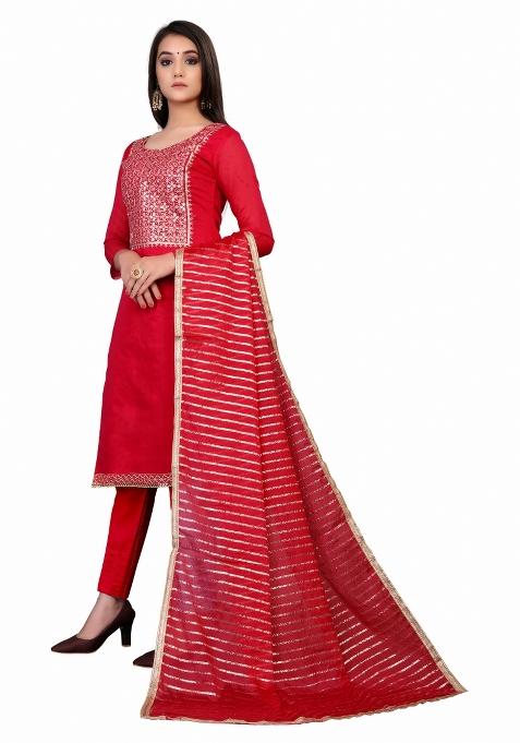 Red Embroidered Chanderi Dress Material
