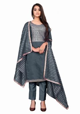 Grey Embroidered Chanderi Dress Material