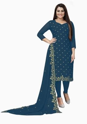 Navy Blue Embroidered Georgette Dress Material