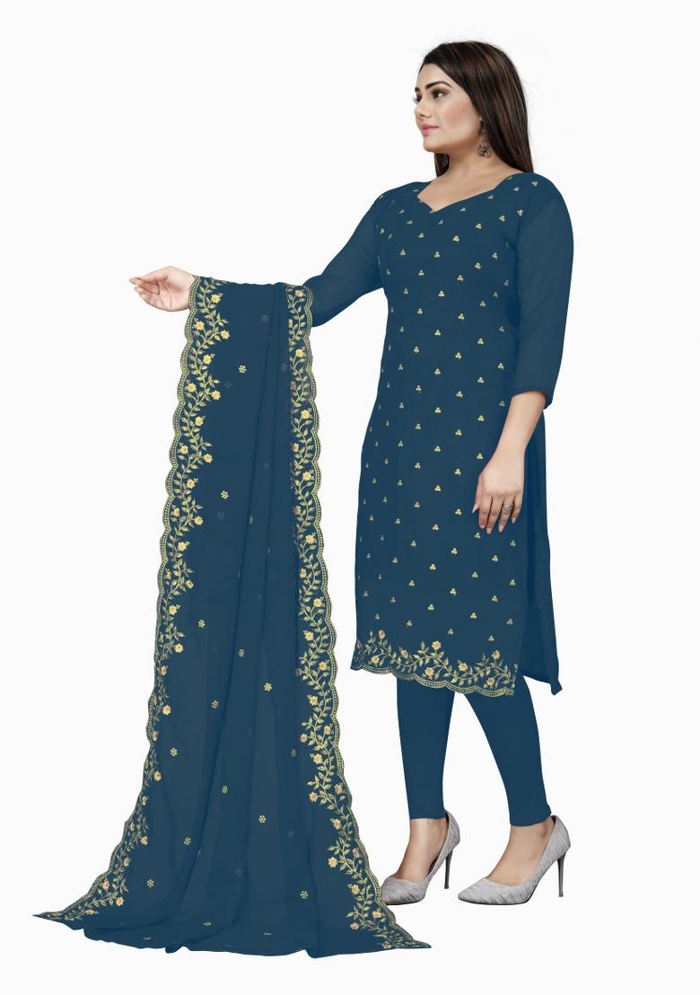Navy Blue Embroidered Georgette Dress Material - Indya