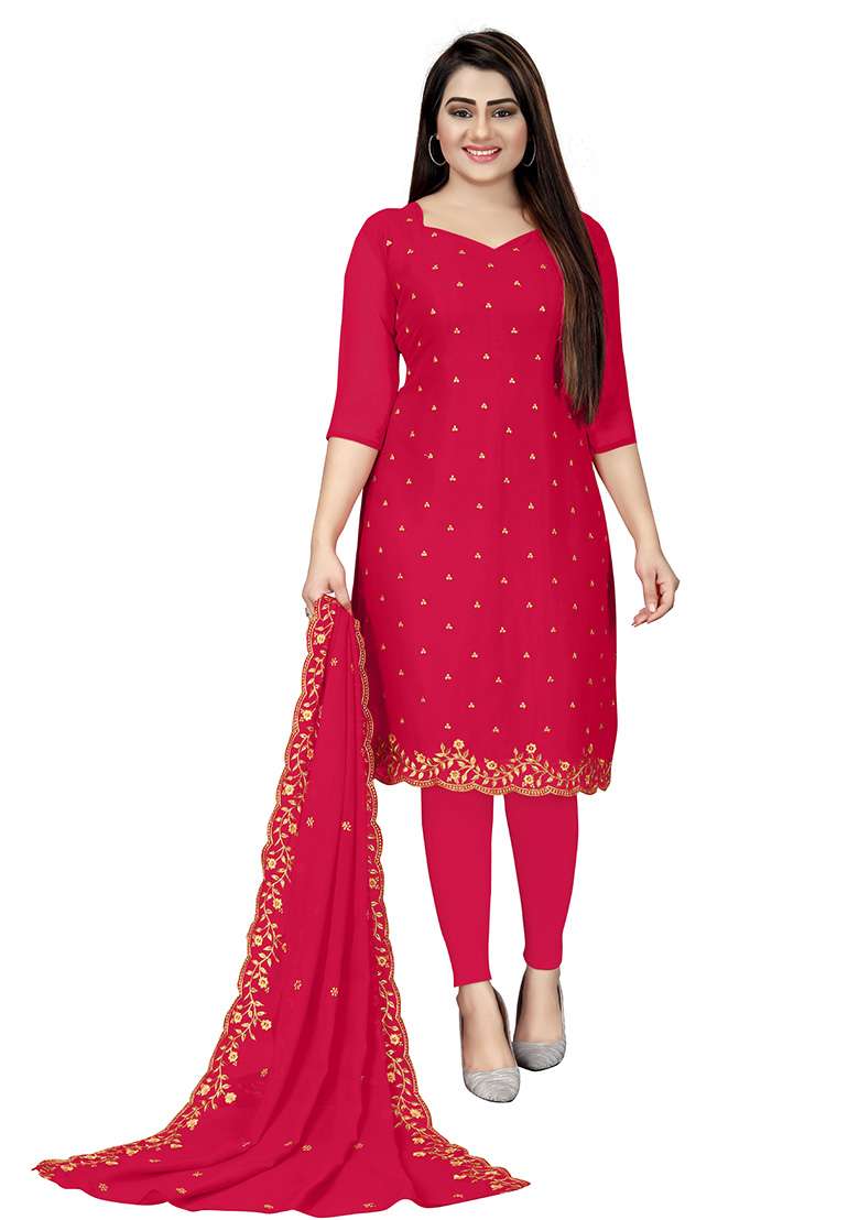 Pink Embroidered Georgette Dress Material - Indya