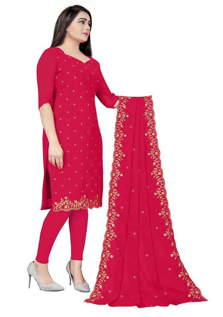 Pink Embroidered Georgette Dress Material - Indya