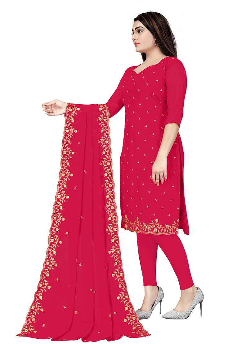 Pink Embroidered Georgette Dress Material - Indya
