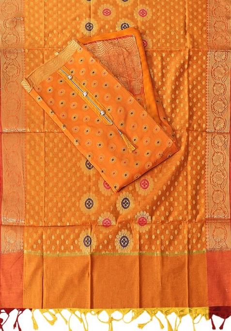 Yellow Embroidered Jacquard Dress Material