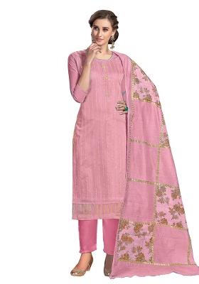 Pink Embroidered Chanderi Dress Material