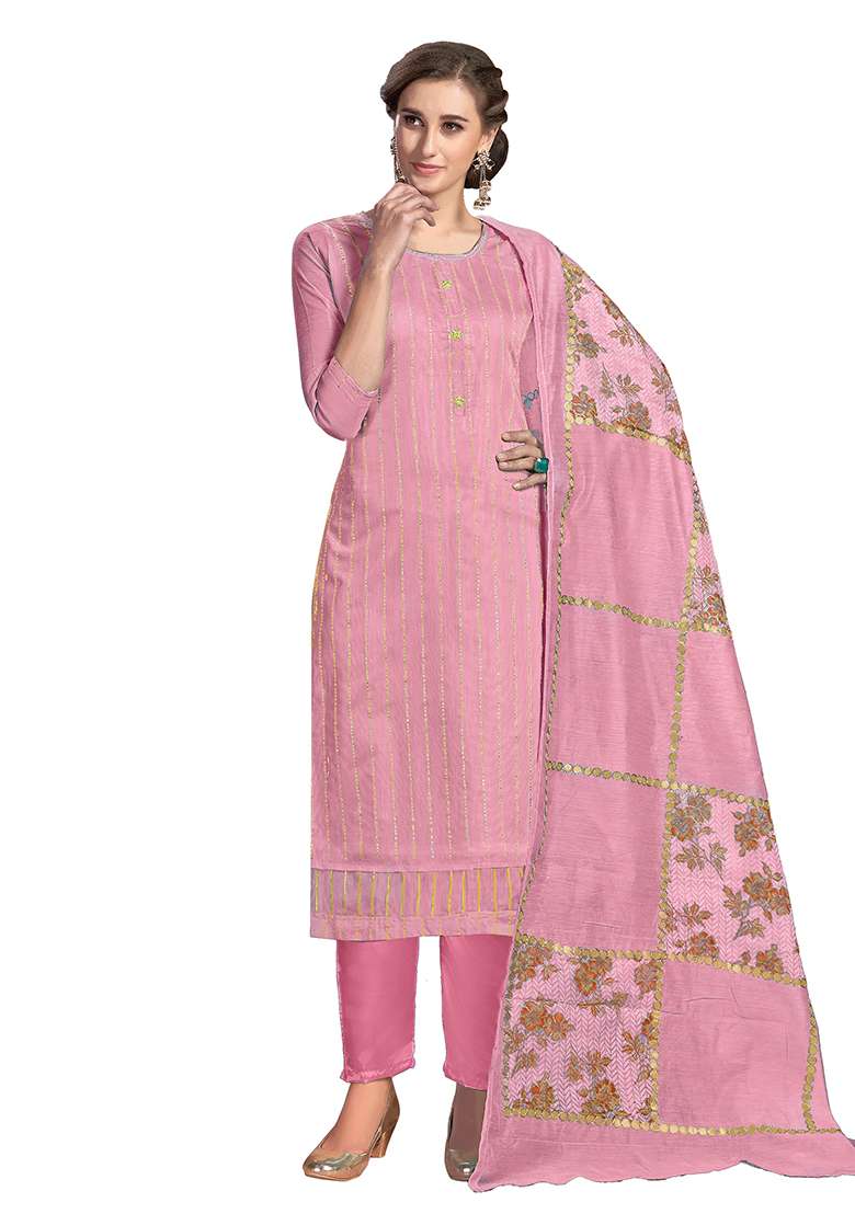 Pink Embroidered Chanderi Dress Material - Indya