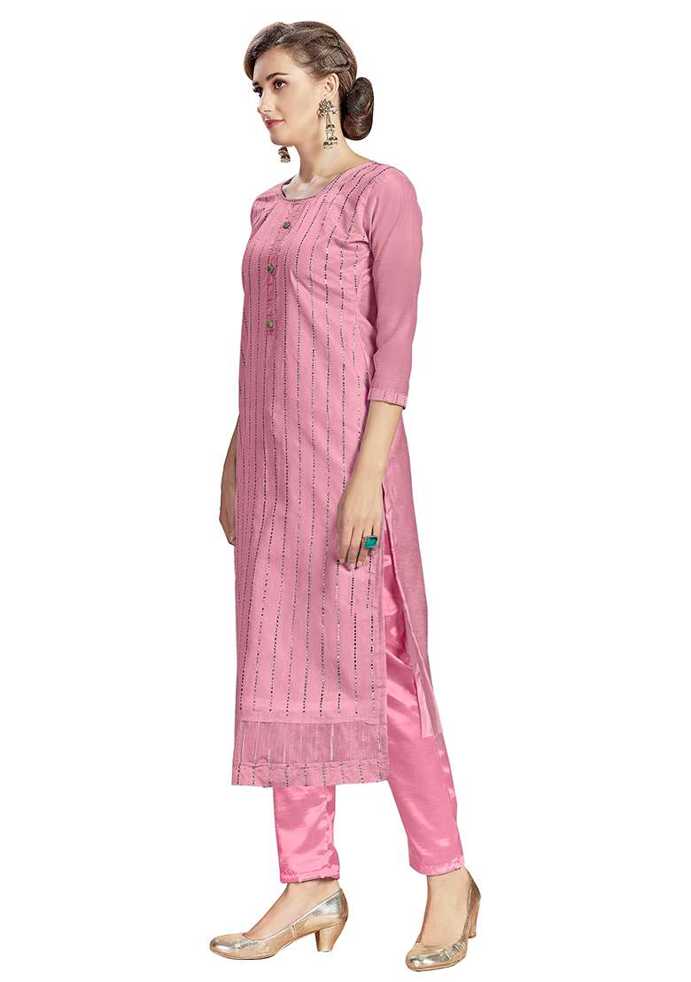 Pink Embroidered Chanderi Dress Material - Indya