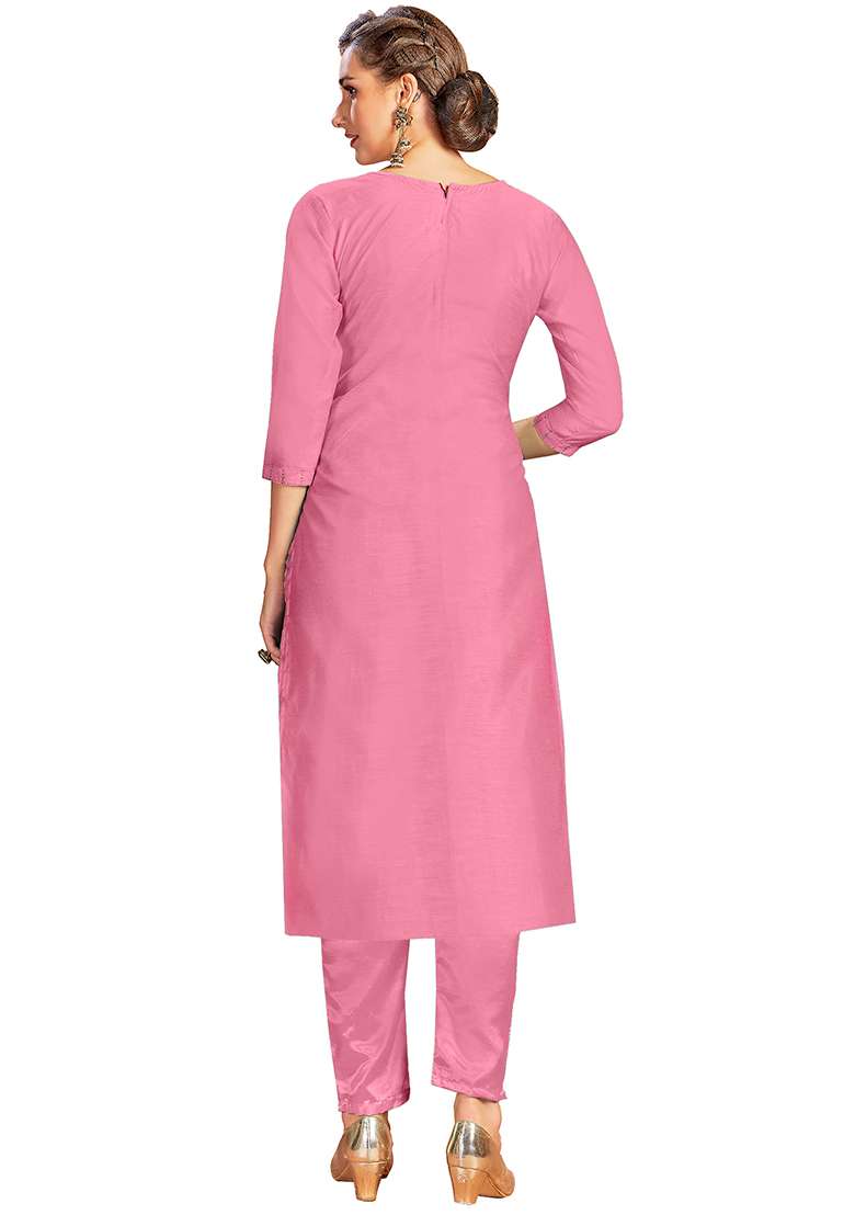 Pink Embroidered Chanderi Dress Material - Indya