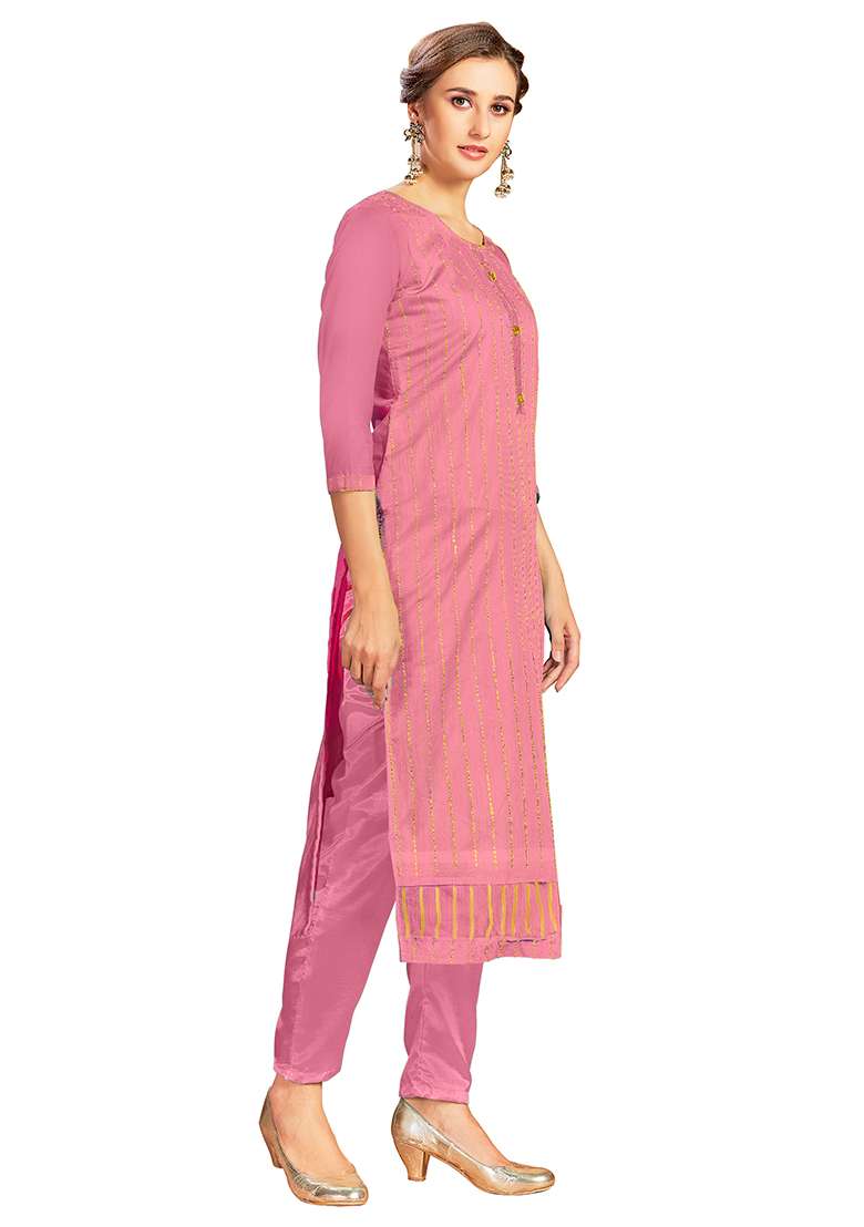 Pink Embroidered Chanderi Dress Material - Indya