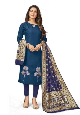 Blue Embroidered Cotton Blend Dress Material