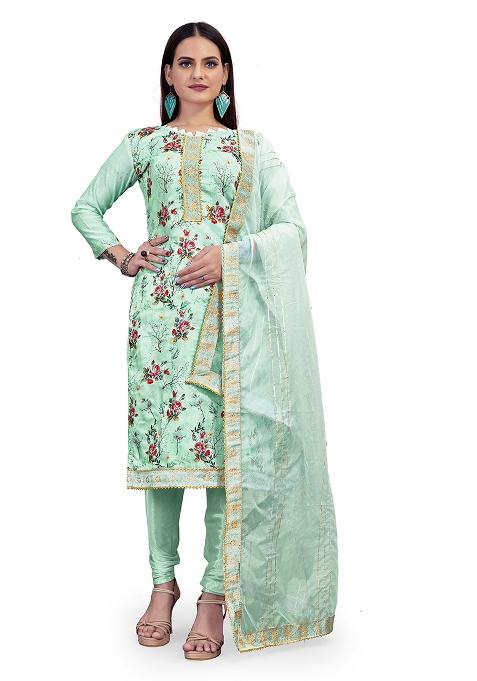 Sea Green Embroidered Chanderi Straight Kurta Set