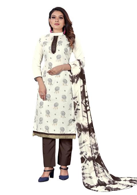 White Embroidered Cotton Blend Dress Material