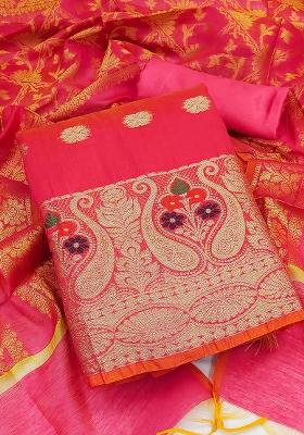 Pink Embroidered Jacquard Dress Material