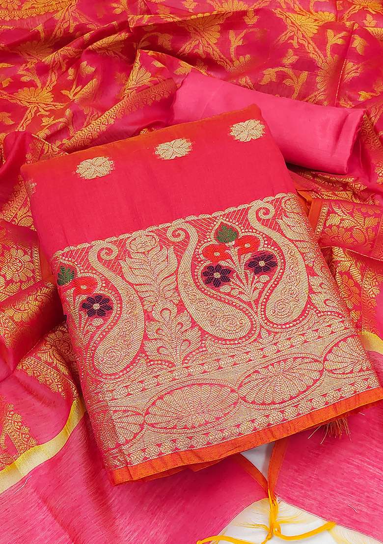 Pink Embroidered Jacquard Dress Material - Indya