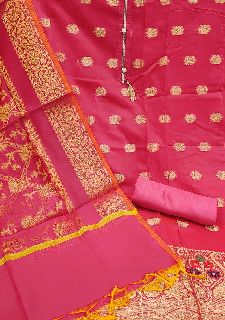 Pink Embroidered Jacquard Dress Material - Indya