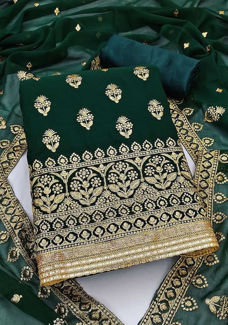 Green Embroidered Georgette Straight Kurta Set - Indya