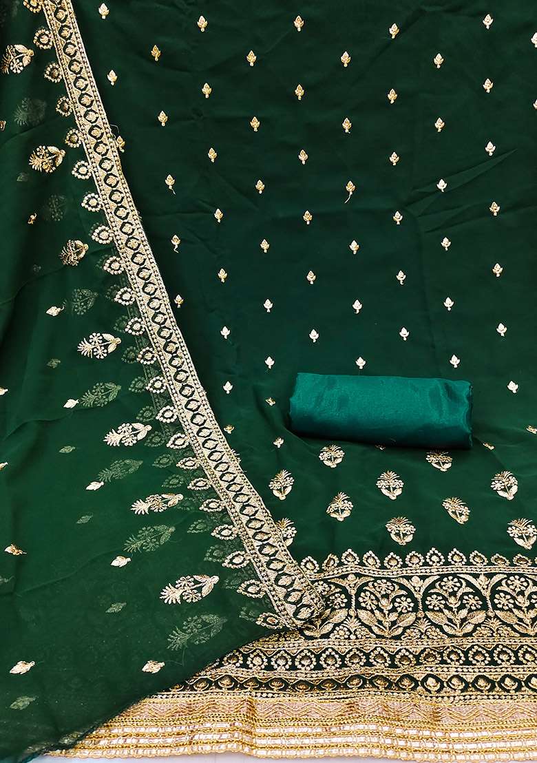 Green Embroidered Georgette Straight Kurta Set - Indya