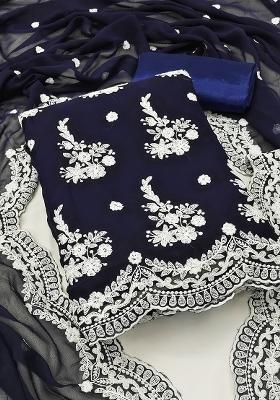 Blue Embroidered Georgette Straight Kurta Set