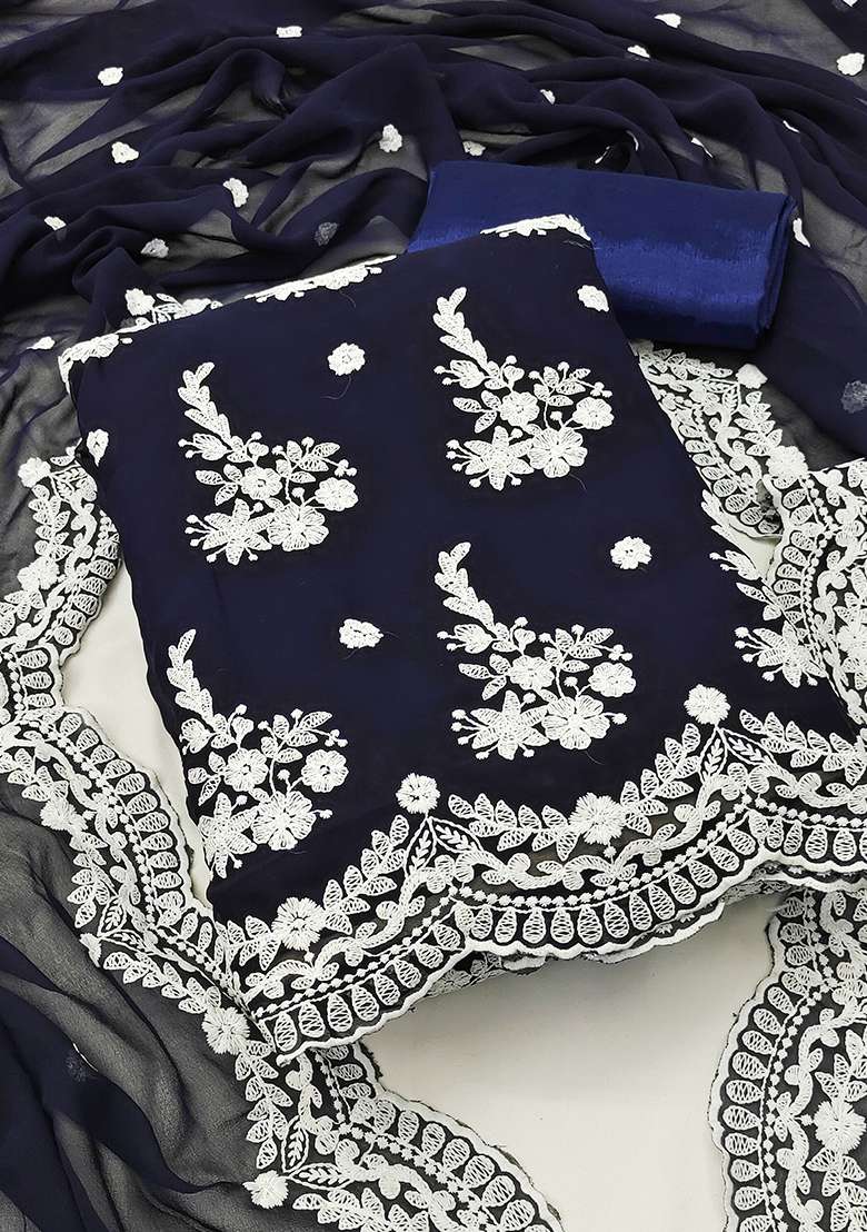 Blue Embroidered Georgette Straight Kurta Set - Indya