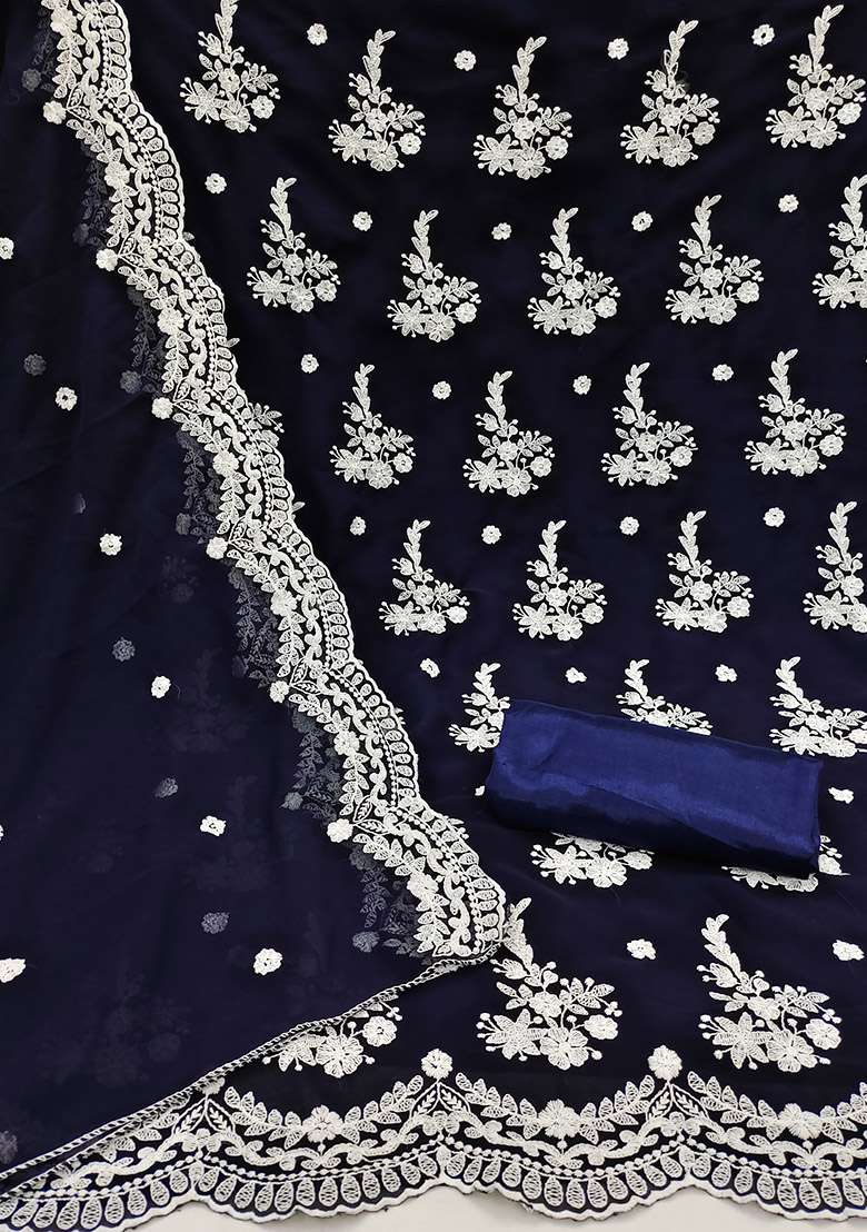 Blue Embroidered Georgette Straight Kurta Set - Indya