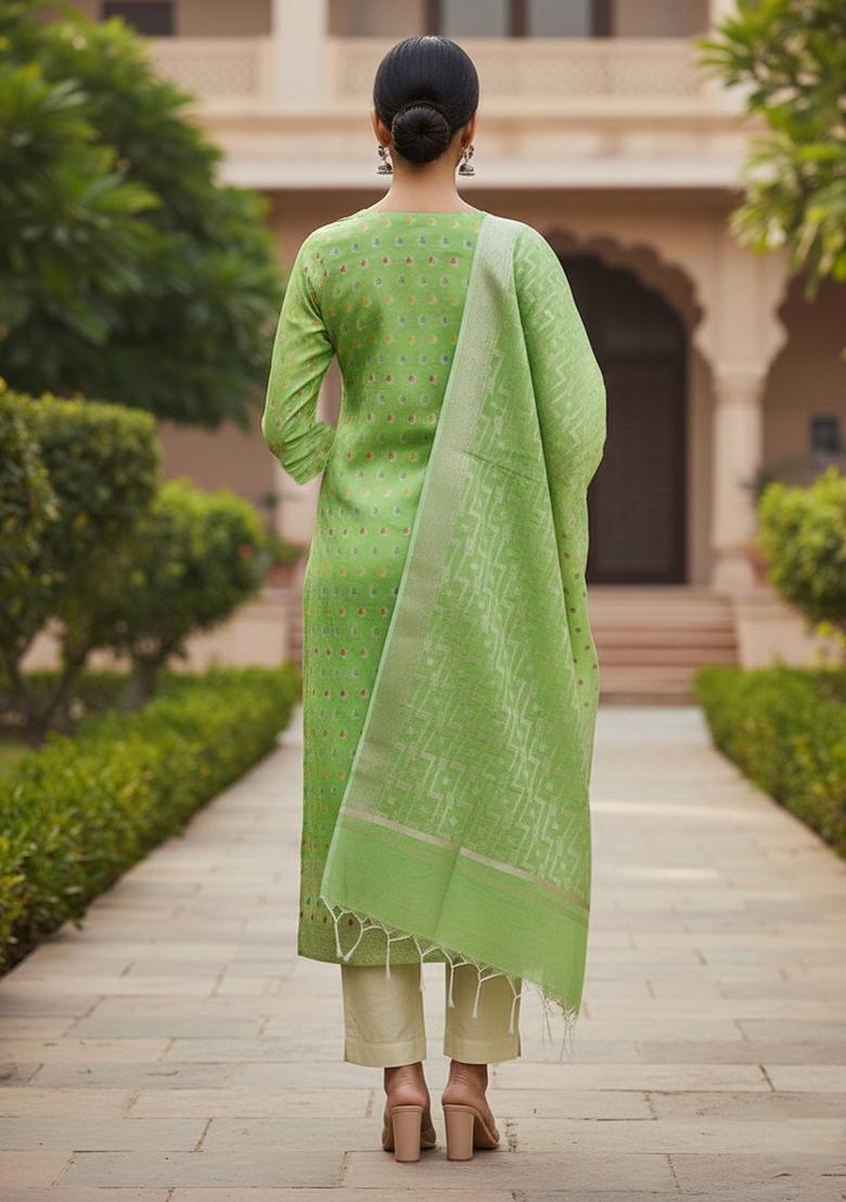Green Embroidered Jacquard Dress Material - Indya
