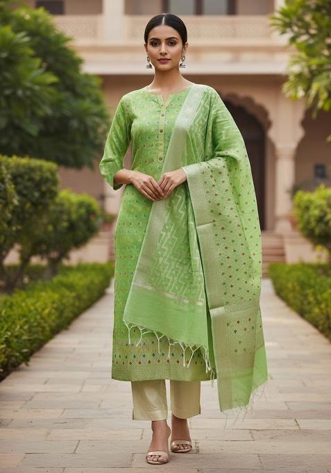 Green Embroidered Jacquard Dress Material